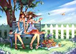  bad_id bad_pixiv_id basket bench bow copyright_request dress fence food fruit headphones holding_hands liy093275411 multiple_girls paper_airplane sandals tree 