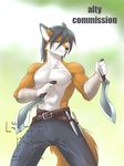  abs belt biceps canine clothing commission dagger dossun fox knife knives male muscles pants pecs pose smile solo warrior weapon 