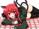  animal_ears black_legwear blush bow braid cat_ears cat_tail creta_(taku10) fang hair_bow kaenbyou_rin multiple_tails no_pants open_mouth panties red_eyes red_hair short_hair smile solo tail thighhighs touhou twin_braids underwear 