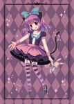  animal_ears argyle argyle_background bow cat_ears flat_chest hair_bow highres kuromaru looking_at_viewer open_mouth original purple_eyes purple_hair ribbon smile solo striped striped_legwear stuffed_animal stuffed_toy thighhighs 
