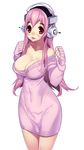  :p bad_id bad_pixiv_id blush breasts cleavage dress headphones large_breasts nitroplus off_shoulder purple_hair simple_background solo super_sonico sweater sweater_dress tensugi_takashi tongue tongue_out 