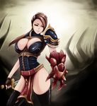  black_legwear breasts brown_eyes brown_hair deepwhite gauntlets knife large_breasts long_hair mole reverse_grip rogue_(warcraft) solo thighhighs warcraft world_of_warcraft 