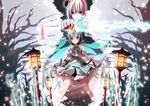  aqua_eyes bad_id bad_pixiv_id bare_tree cherry_blossoms dual_wielding field_of_blades hair_ribbon highres holding konpaku_youmu konpaku_youmu_(ghost) lantern merontomari multiple_girls navel petals planted_sword planted_weapon puffy_sleeves ribbon short_hair short_sleeves silver_hair sword torn_clothes touhou tree weapon wooden_lantern 