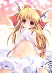  bare_shoulders bloomers bow brown_hair enjoy_mix hair_bow horns ibuki_suika long_hair midriff mouth_hold navel red_eyes smile solo touhou underwear very_long_hair 