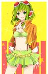  bad_id bad_pixiv_id breasts goggles goggles_on_head green_eyes green_hair gumi headphones jacket megpoid_(vocaloid3) midriff minazuki_(0038) navel open_mouth short_hair skirt small_breasts smile solo suspenders underboob vocaloid 