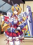  blonde_hair breasts gundam gundam_unicorn highres horn long_hair mecha_musume medium_breasts one_eye_closed purple_eyes solo thighhighs unicorn_gundam zixia_(msl) 