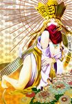  bad_id bad_pixiv_id bare_shoulders barefoot blonde_hair bracelet breasts cleavage crown digimon facial_mark flower forehead_mark highres honeycomb_(pattern) honeycomb_background jewelry large_breasts long_hair mask necklace off_shoulder sanzomon side_slit solo sunburst unmoving_pattern yellow_eyes your_favorite 