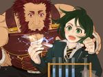  armor bangs beard blush chemistry_set chihare_27 facial_hair fate/zero fate_(series) green_eyes green_hair multiple_boys parted_bangs red_eyes red_hair rider_(fate/zero) size_difference sparkle test_tube waver_velvet 