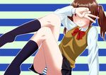  bow bowtie brown_hair covering_eyes danshi_koukousei_no_nichijou hakui_ami panties ribbon short_twintails skirt smile socks solo striped striped_panties sweater_vest tadakuni's_little_sister twintails underwear 