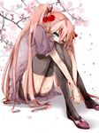  bad_id bad_pixiv_id blue_eyes cherry cherry_blossoms food fruit hatsune_miku kuwa_(katko) leg_hug long_hair object_namesake pink_hair sakura_miku shoes sitting solo thighhighs twintails very_long_hair vocaloid 