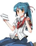  bad_id bad_pixiv_id blue_hair brown_eyes denim genderswap genderswap_(mtf) jeans long_hair looking_at_viewer macross macross_frontier necktie oekaki pants paper_airplane ponytail saotome_alto sitting smarttiger smile solo 