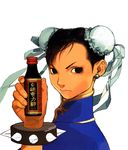  bottle bracelet bun_cover china_dress chinese_clothes chun-li double_bun dress earrings highres ikeno_daigo jewelry product_placement solo spiked_bracelet spikes street_fighter street_fighter_iii_(series) 