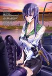  armor bangs between_legs blue_eyes blue_hair blush bow bowtie bra breast_hold breasts busujima_saeko car car_interior cleavage cloud crossed_arms elbow_pads embarrassed english from_side garter_straps gloves grass ground_vehicle hand_between_legs hard_translated highres highschool_of_the_dead knee_pads knee_up lace lace-trimmed_bra lace-trimmed_thighhighs long_hair long_sleeves medium_breasts miniskirt motor_vehicle non-web_source nose_blush official_art outdoors parted_lips pencil_skirt ribbon satou_shouji scan school_uniform see-through serafuku sheath sheathed shin_guards shirt silhouette sitting skirt sky solo_focus sunset sword thighhighs underwear very_long_hair water weapon wet wet_clothes zettai_ryouiki 