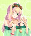  between_breasts blonde_hair breasts cleavage glasses green_eyes hairband huge_breasts long_hair macross macross_frontier one_eye_closed otabe_sakura sheryl_nome solo strapless sunglasses 