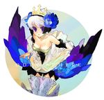  anzu_(pixiv) armor armored_dress blue_eyes copyright_name crown dress flower gwendolyn multicolored multicolored_wings odin_sphere purple_eyes strapless strapless_dress white_hair wings 