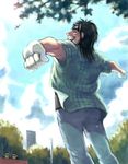  black_hair day denim feet_out_of_frame gloves itou_kaiji jeans kaiji kitano male_focus outdoors outstretched_arms pants sky solo stretch wrist_extended 