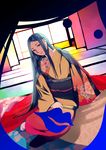  bad_id bad_pixiv_id blue_hair brown_eyes copyright_request japanese_clothes kimono long_hair morifumi sitting smile solo tatami 