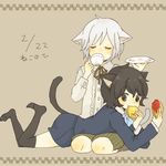  animal_ears black_eyes black_hair closed_eyes cookie copyright_request cup drinking eating food lap_pillow lowres multiple_girls short_hair sitting sitting_on_lap sitting_on_person socks sweets tail tea white_hair yukke 