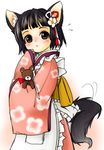  animal_ears black_eyes black_hair blush copyright_request hair_ornament japanese_clothes kimono setouchi_kurage short_hair solo stuffed_animal stuffed_toy tail teddy_bear 