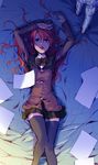  bad_id bad_pixiv_id bed lying mayumio on_back original pajamas paper red_hair school_uniform solo_focus thighhighs zettai_ryouiki 