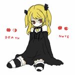  amane_misa bangs blonde_hair death_note gothic long_hair lowres red_eyes sitting solo striped striped_legwear thighhighs two_side_up yukke 