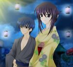  1girl blue_eyes blue_hair cloud ever_17 folded_ponytail hair_ornament hair_up hairclip hand_on_hip husband_and_wife japanese_clothes kimono komachi_tsugumi kuranari_takeshi lantern min night night_sky obi outdoors sash short_hair sky smile standing 