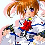  bow fingerless_gloves gloves lowres lyrical_nanoha magical_girl mahou_shoujo_lyrical_nanoha mahou_shoujo_lyrical_nanoha_a's oekaki purple_eyes red_bow red_hair ryokusuiteien skirt skirt_lift smile solo takamachi_nanoha twintails 