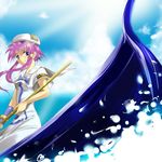  aria beret day emblem fermelle gondola green_eyes hair_tubes hat light_rays looking_at_viewer mizunashi_akari outdoors paddle pink_hair short_hair_with_long_locks sidelocks solo splashing standing sun sunlight uniform water 