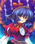  blue_hair hair_ornament leaf_hair_ornament red_eyes shinia solo touhou yasaka_kanako 