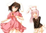  animal_ears brown_eyes bunny_ears bunny_tail carrot_necklace cowboy_shot dress formal inaba_tewi lavender_hair long_sleeves looking_at_viewer multiple_girls nu_(plastic_eraser) pink_dress pleated_skirt puffy_short_sleeves puffy_sleeves red_eyes reisen_udongein_inaba short_sleeves simple_background skirt suit tail touhou white_background white_skirt 