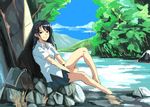  bad_id bad_pixiv_id bag barefoot black_hair brown_eyes day hair_ornament hairclip kno1 legs long_hair nature original rock school_uniform shoes sky smile soaking_feet solo tree water 