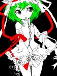  bad_id bad_pixiv_id bow green_hair hat miniskirt monochrome ribbon rod_of_remorse shiki_eiki simple_background skirt solo spot_color touhou wide_sleeves 