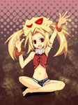  armpits artist_request bare_shoulders barefoot blonde_hair bracelet buttons copyright_request denim denim_shorts indoors jewelry long_hair looking_at_viewer midriff navel red_eyes short_shorts shorts sidelocks solo spread_fingers spread_legs stomach twintails vest waving 