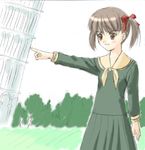  brown_eyes brown_hair fukuzawa_yumi landmark leaning_tower_of_pisa lowres maria-sama_ga_miteru masakichi_(crossroad) pointing school_uniform serafuku short_hair smug solo tower twintails 