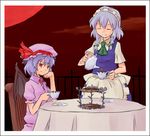  blue_dress closed_eyes cup dress hand_on_own_cheek hat holding izayoi_sakuya kannari looking_at_viewer lowres maid_headdress mob_cap multiple_girls pink_dress puffy_short_sleeves puffy_sleeves red_eyes remilia_scarlet saucer short_sleeves silver_hair table tea teacup touhou upper_body 