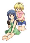  barefoot blonde_hair brushing_another's_hair fang feet furude_rika green_skirt hair_brush hair_brushing highres higurashi_no_naku_koro_ni houjou_satoko misaki_juri multiple_girls skirt smile 