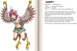  belt blush character_profile choker collar digitigrade english feathered_wings feathers flat_chest fur hard_translated harpy harpy_(monster_girl_encyclopedia) kenkou_cross midriff monster_girl monster_girl_encyclopedia navel official_art pink_hair pointy_ears shorts solo tail translated wings yellow_eyes 