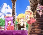  :d :o ^_^ bad_id bad_pixiv_id bangs blonde_hair blue_hair blunt_bangs book closed_eyes column day flandre_scarlet glomp happy hat hug izayoi_sakuya kirisame_marisa long_hair maid multiple_girls no_hat no_headwear open_mouth outdoors patchouli_knowledge pillar purple_hair reading remilia_scarlet ribbon shibasaki_shouji smile stairs touhou umbrella wings 