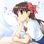  beamed_eighth_notes copyright_request eighth_note hair_ribbon half_note lowres musical_note quarter_note ribbon school_uniform serafuku solo staff_(music) yamai 