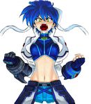  angry bad_id bad_pixiv_id blue_hair fingerless_gloves gloves headband lyrical_nanoha mahou_shoujo_lyrical_nanoha_strikers midriff navel revolver_knuckle short_hair shorts shouting solo subaru_nakajima tears yellow_eyes 