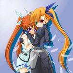  blonde_hair brown_hair feathers hair_ribbon heterochromia hug long_hair lowres lyrical_nanoha magical_girl mahou_shoujo_lyrical_nanoha_strikers multiple_girls older ponytail purple_eyes ribbon tadokoro_teppei takamachi_nanoha thighhighs twintails vivio 