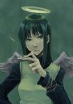  black_hair cigarette green_eyes haibane_renmei halo hands long_hair morihito reki solo wings 