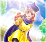  2002 alena_(dq4) artist_request cape dated dragon_quest dragon_quest_iv earrings gloves jewelry pantyhose red_eyes red_hair skirt solo yellow_skirt 