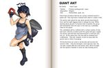  ant_girl antennae black_hair blue_eyes blush boots bottomless character_profile english giant_ant gloves hard_translated insect_girl kenkou_cross monster_girl monster_girl_encyclopedia official_art shovel solo text_focus translated 