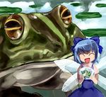  artist_request blue_hair bow cirno frog ribbon smile solo touhou you_gonna_get_eaten 