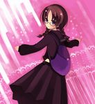  bad_id bad_pixiv_id bag black_skirt braid brown_hair copyright_request glasses long_hair long_skirt purple_eyes school_uniform skirt smile solo spinning twin_braids yoshitomo_(koucha) 