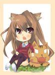  aisaka_taiga animal_ears bad_id bad_pixiv_id brown_eyes brown_hair chibi fang koba long_hair palmtop_tiger solo thighhighs tiger toradora! 