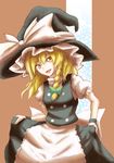  armband bad_id bad_pixiv_id blonde_hair bow braid eruza hat highres kirisame_marisa long_hair ribbon smile solo touhou witch_hat yellow_eyes 