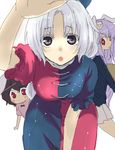  animal_ears bangs bent_over black_hair breasts bunny_ears foreshortening hanging_breasts inaba_tewi large_breasts lavender_hair long_hair looking_at_viewer multiple_girls parted_bangs red_eyes reisen_udongein_inaba short_hair silver_hair simple_background touhou very_long_hair white_background yagokoro_eirin 
