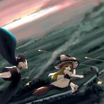  black_hair black_wings blonde_hair broom broom_riding camera flying from_above hand_on_headwear hat kirisame_marisa landscape lowres multiple_girls oekaki ribbon shameimaru_aya touhou tsubasa_(abchipika) wings 